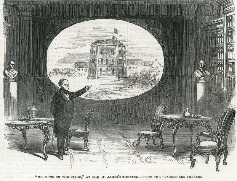 Mr Bunn na scenie, w St James Theatre - Scena the Blackfriars Theatre autorstwa English School