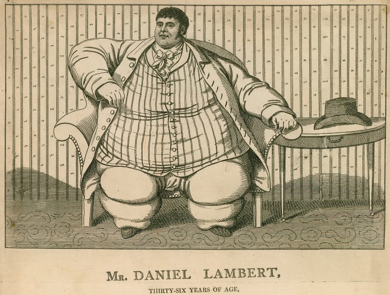Pan Daniel Lambert, w wieku 36 lat ważył 50 kamieni. autorstwa English School