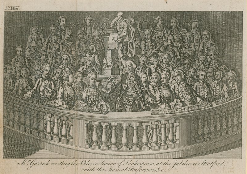 Pan David Garrick recytujący Odę na cześć Williama Szekspira podczas jubileuszu w Stratford autorstwa English School