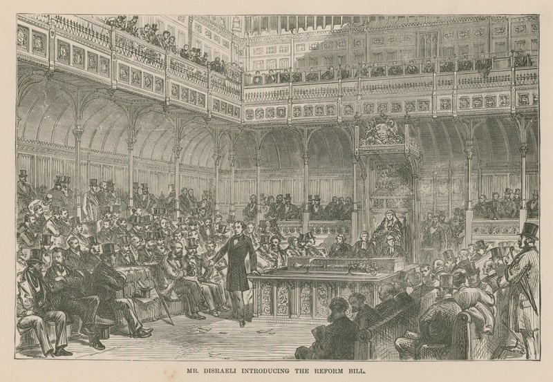 Pan Disraeli wprowadzający ustawę reformującą autorstwa English School