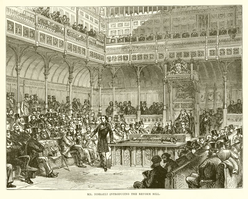 Pan Disraeli wprowadzający ustawę o reformie autorstwa English School