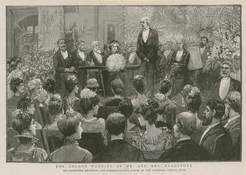 Pan Gladstone odbiera pamiątkowy album w National Liberal Club autorstwa English School