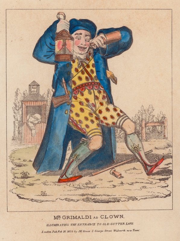 Pan Joseph Grimaldi jako Clown, oświetlający wejście do Old Gutter Lane autorstwa English School