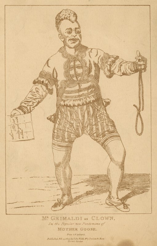 Pan Joseph Grimaldi jako Clown w popularnej pantomimie Mother Goose autorstwa English School