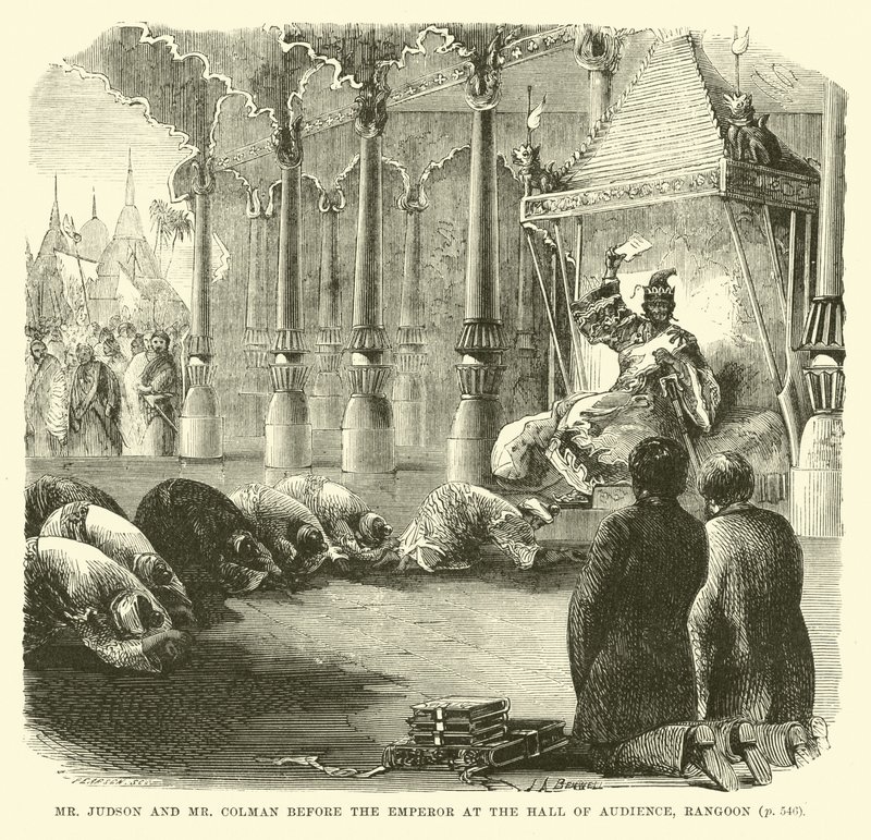 Pan Judson i Pan Colman przed cesarzem w Sali Audiencyjnej, Rangun autorstwa English School