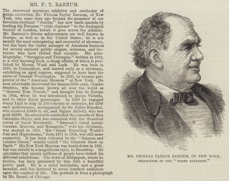 Pan Phineas Taylor Barnum z Nowego Jorku, właściciel „białego słonia” (rycina) autorstwa English School