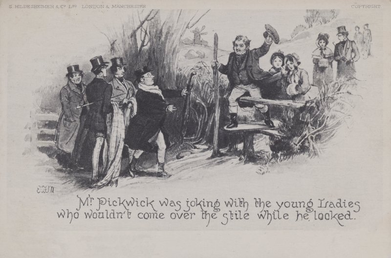 Pan Pickwick żartuje z młodymi damami (zdjęcie czarno-białe) autorstwa English School