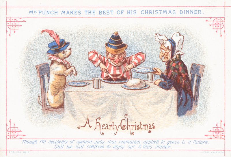 Pan Punch siada do świątecznej kolacji, kartka świąteczna autorstwa English School