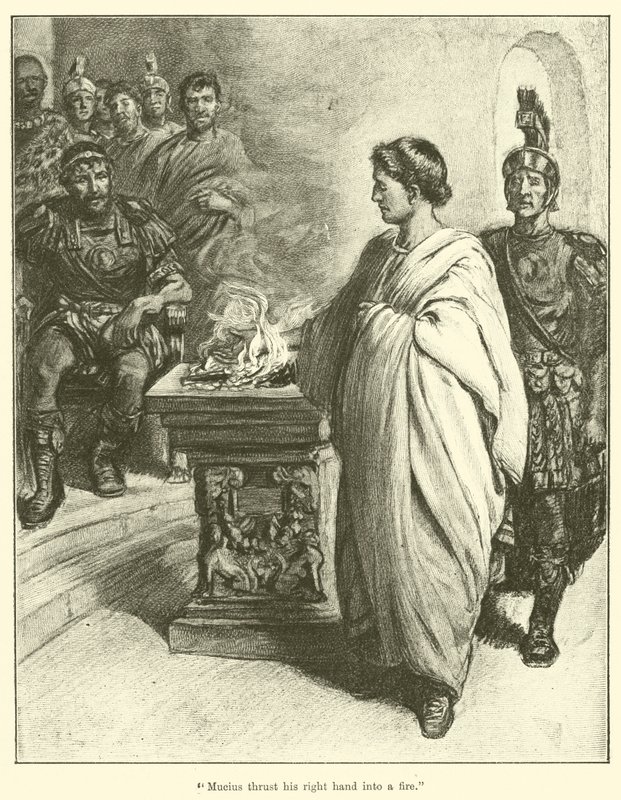 „Mucjusz włożył swoją prawą rękę w ogień” (rycina) autorstwa English School