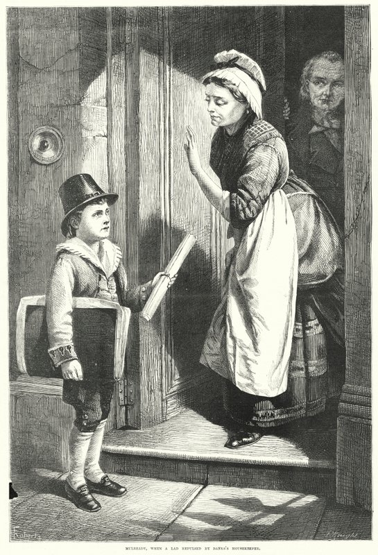 Mulready, Gdy chłopiec odepchnięty przez gosposię banku (rycina) autorstwa English School