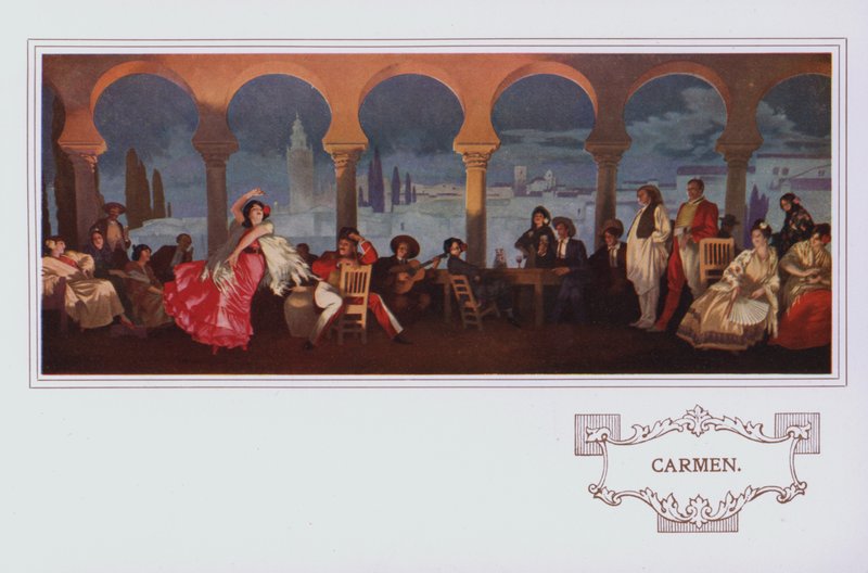 Murale w restauracji Peter Robinson: Carmen (kolorowa litografia) autorstwa English School