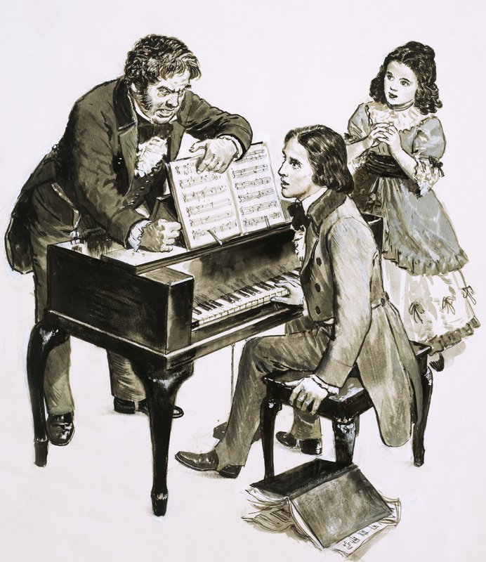 Nauczyciel muzyki Friedrich Wieck krzyczy na Roberta Schumanna, podczas gdy jego córka Clara Wieck się przygląda autorstwa English School