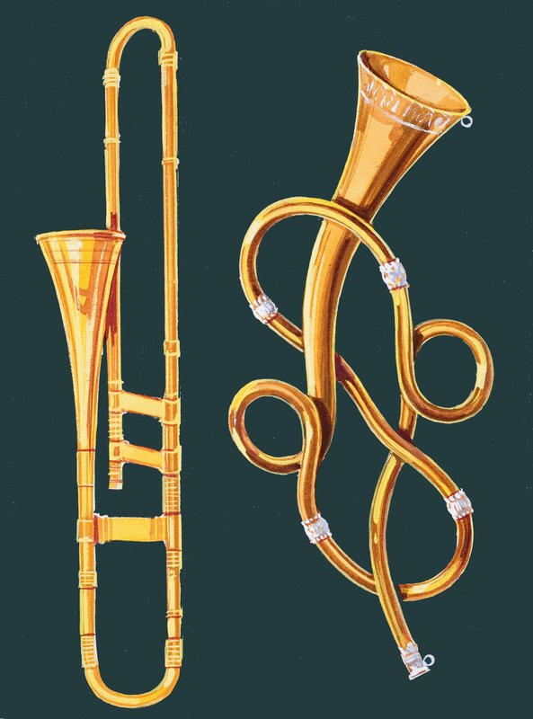 Instrumenty muzyczne: puzon i trąbka labiryntowa autorstwa English School