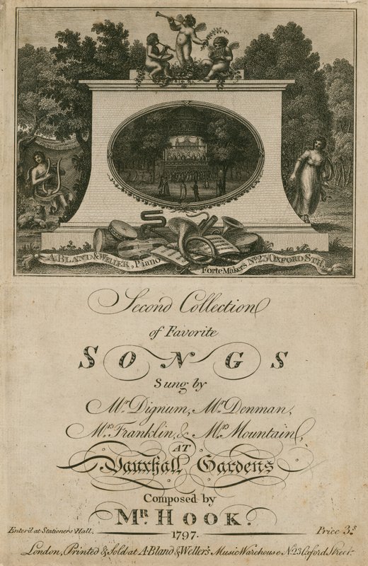 Partytura muzyczna zbierająca ulubione piosenki śpiewane w Vauxhall Gardens w Londynie, skomponowana przez pana Hook autorstwa English School