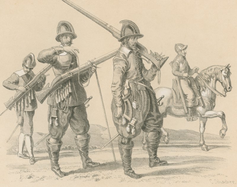 Muszkieterowie lub fizylierzy i kawaleria, około 1650 autorstwa English School