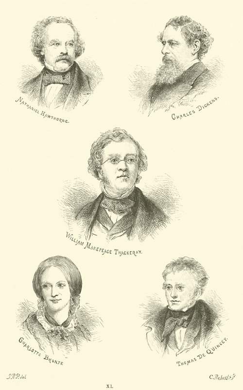 Nathaniel Hawthorne, Charles Dickens, William Makepeace Thackeray, Charlotte Bronte, Thomas De Quincey autorstwa English School