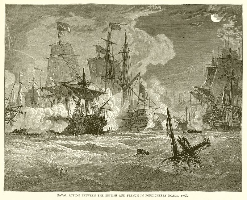 Akcja morska między Brytyjczykami i Francuzami na Pondicherry Roads, 1758 autorstwa English School