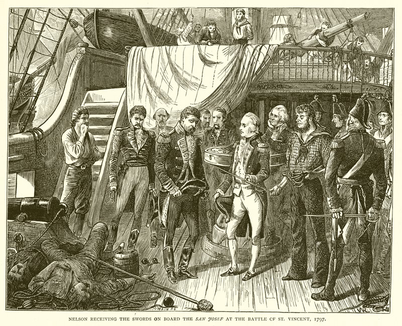 Nelson odbiera miecze na pokładzie statku San Josef w bitwie pod św. Wincentym, 1797 r. autorstwa English School