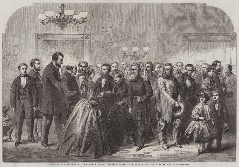Noworoczne przyjęcie w Białym Domu w Waszyngtonie (grawerowanie) autorstwa English School