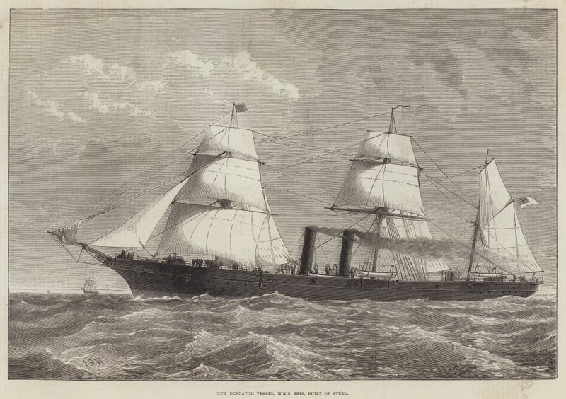 Nowy statek wysyłkowy, HMS Iris, zbudowany ze stali autorstwa English School