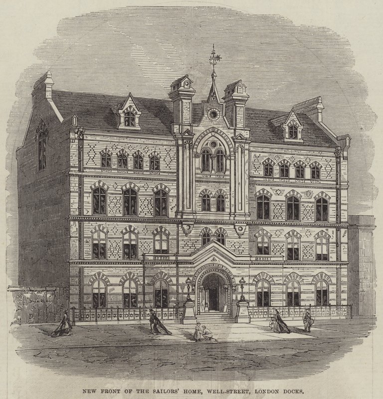Nowy front domu żeglarzy, Well-Street, London Docks (grawerowanie) autorstwa English School
