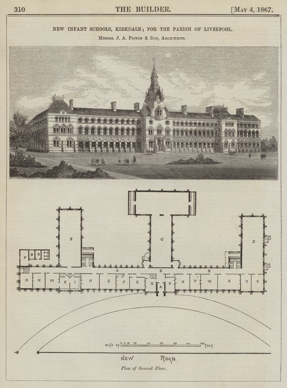 Nowe szkoły dla niemowląt, Kirkdale; dla Parafii Liverpool, panowie JA Picton and Son, Architekci (grafika) autorstwa English School