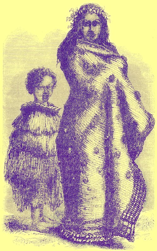 Nowozelandzka kobieta i chłopiec, ilustracja z Notable Voyagers autorstwa Williama Kingstona, opublikowana w 1885 r. (obraz ulepszony cyfrowo) autorstwa English School