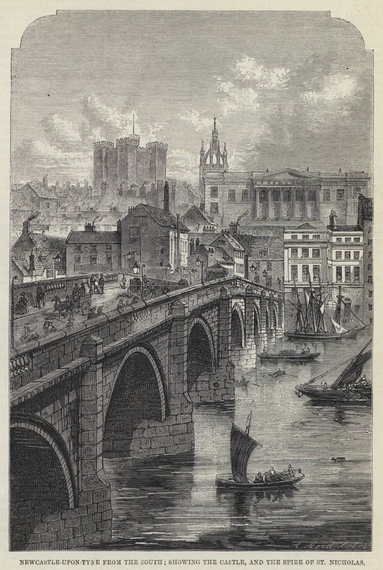 Newcastle-upon-Tyne od południa, przedstawiający zamek i Iglicę św. Mikołaja (rycina) autorstwa English School