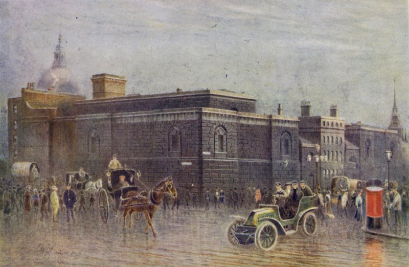 Więzienie Newgate przed wyburzeniem (zdjęcie czarno-białe) autorstwa English School