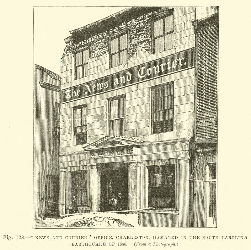 News and Courier Office, Charleston, uszkodzone podczas trzęsienia ziemi w Karolinie Południowej w 1886 r. autorstwa English School