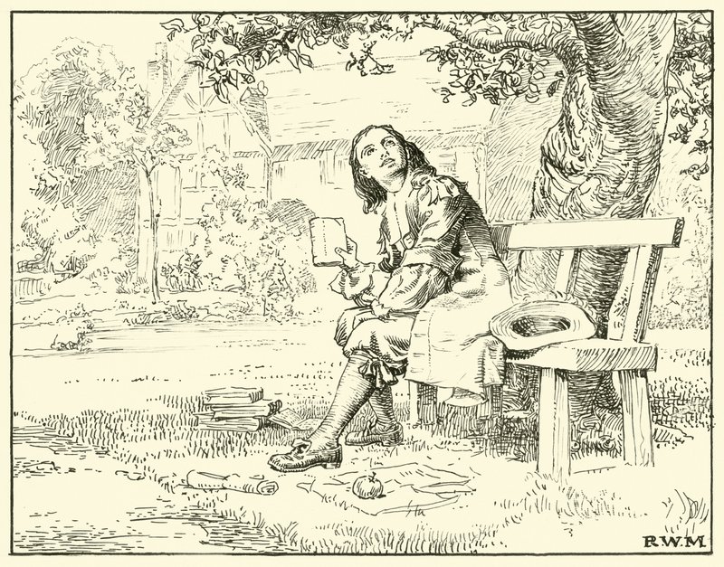 Newton i jabłko (tusz na papierze) autorstwa English School