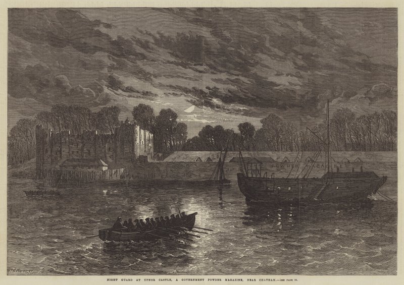 Straż nocna w Zamku Upnor, rządowym magazynie prochowym, niedaleko Chatham (grawerowanie) autorstwa English School