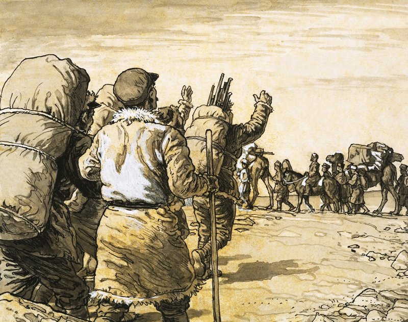 Nikolai Prjevalsky podróżuje przez pustynię Gobi i spotyka pociąg wielbłądów autorstwa English School