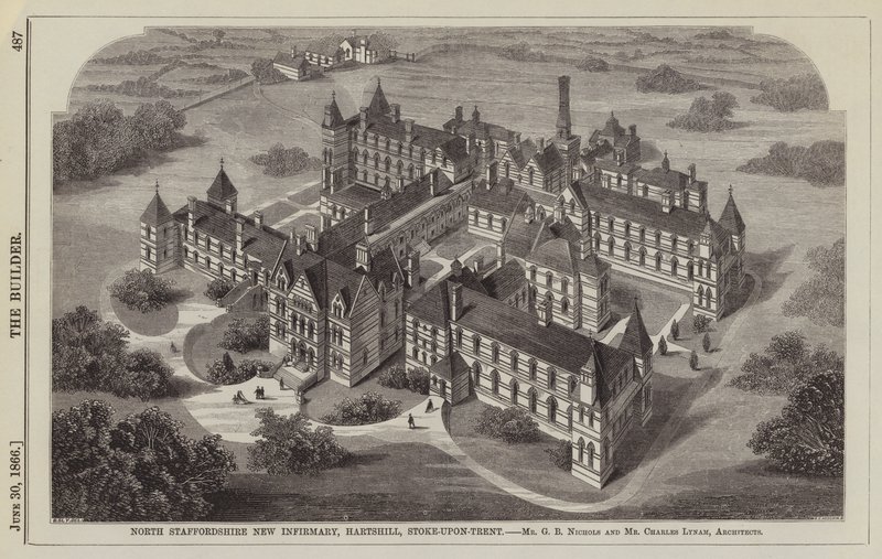 North Staffordshire New Infirmary, Hartshill, Stoke-upon-Trent, pan G B Nichols i pan Charles Lynam, architekci (grawerowanie) autorstwa English School
