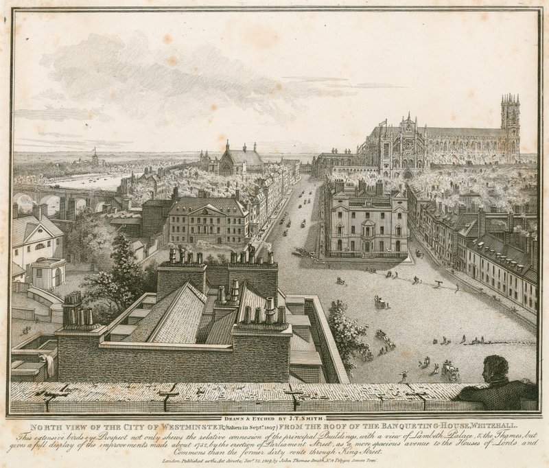 Widok północny na Westminster z dachu Domu Bankietowego, Whitehall autorstwa English School