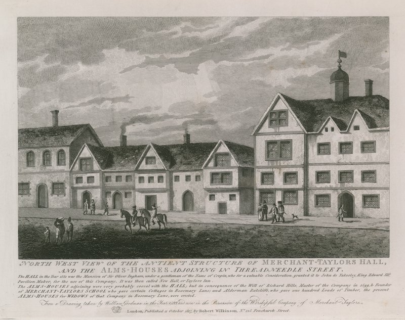 Widok na północno-zachodni widok antycznej struktury Merchant Taylors Hall autorstwa English School