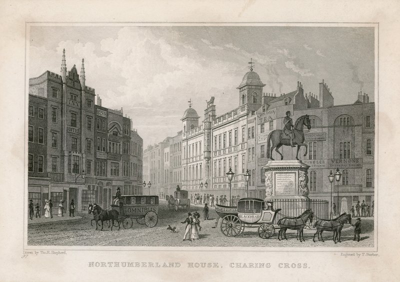 Northumberland House, Charing Cross. Biuro Loterii Bishs, nr 9 Charing Cross, znajduje się tuż obok hotelu Golden Cross autorstwa English School