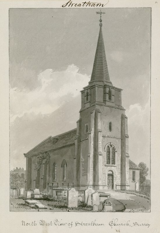 Northwest View of Streatham Church, Surrey (wc na papierze) autorstwa English School