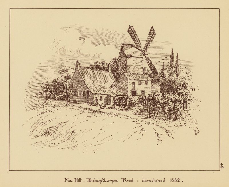 Nun Mill, Bishopthorpe Road, zburzony w 1882 r. (litografia) autorstwa English School