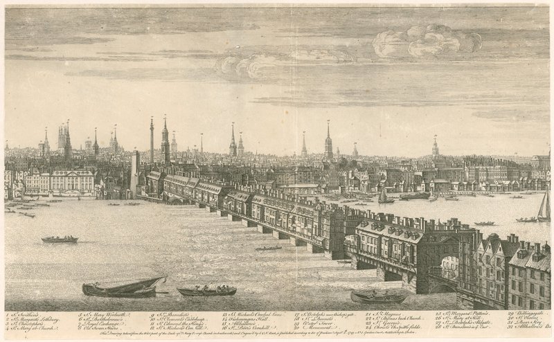 Old London Bridge - widok na Bucks 1749 autorstwa English School