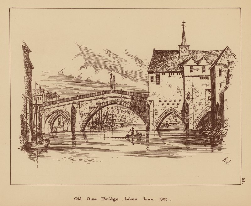 Old Ouse Bridge, rozebrany w 1809 r. (litografia) autorstwa English School