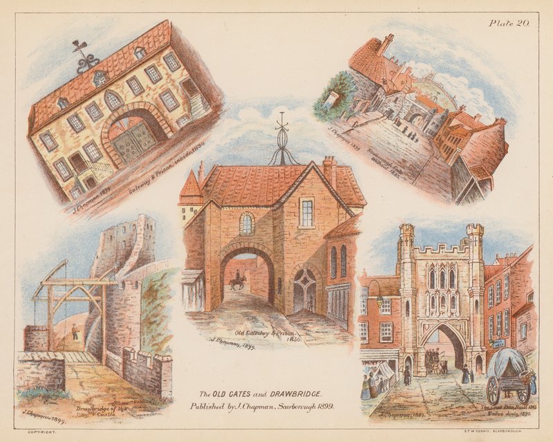 Stare bramy i most zwodzony, Scarborough (kolorowa litografia) autorstwa English School