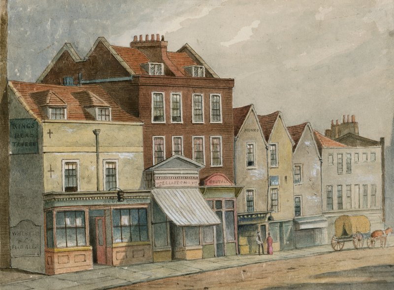 Stare domy na Upper Street, Islington, naprzeciwko kościoła (wc na papierze) autorstwa English School