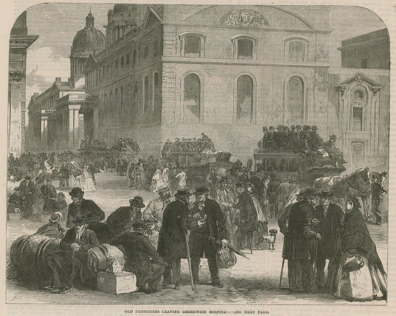 Starzy emeryci opuszczają szpital w Greenwich autorstwa English School