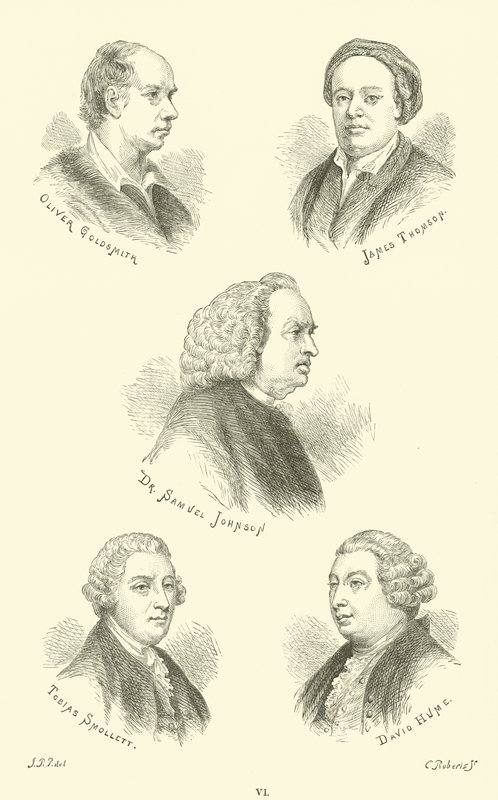 Oliver Goldsmith, James Thomson, dr Samuel Johnson, Tobias Smollett, David Hume autorstwa English School