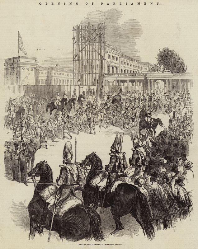 Otwarcie Parlamentu, Jej Wysokość opuszcza Pałac Buckingham (grafika) autorstwa English School