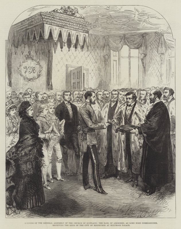 Otwarcie Zgromadzenia Ogólnego Kościoła Szkocji, hrabia Aberdeen, jako Lord High Commissioner, otrzymując klucze miasta Edynburga w Pałacu Holyrood (rycina) autorstwa English School