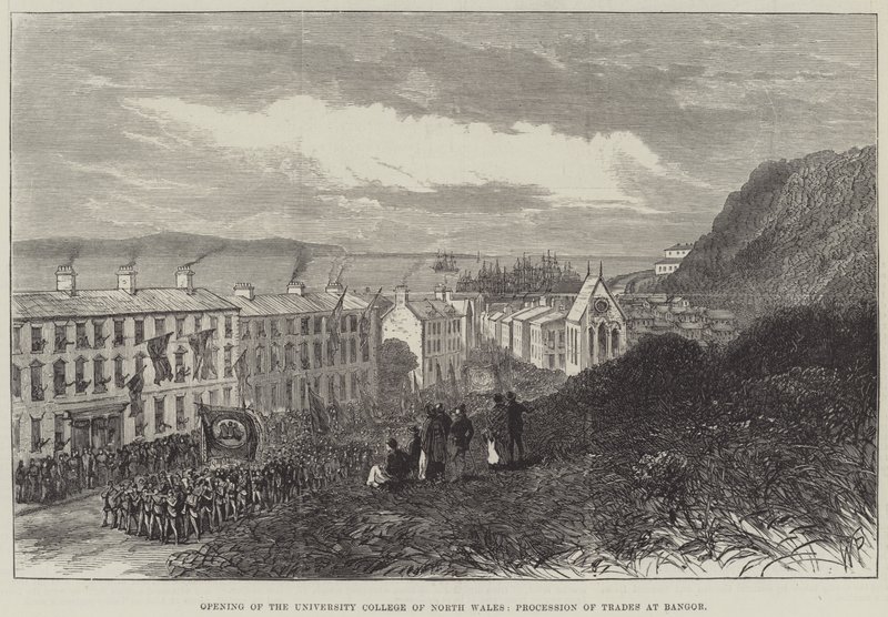 Otwarcie University College of North Wales, Procesja Zawodów w Bangor (grafika) autorstwa English School