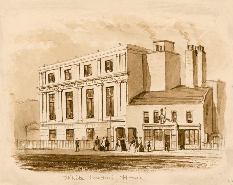 Oryginalny rysunek w sepii nowego White Conduit House, Pentonville, Londyn (tusz na papierze) autorstwa English School