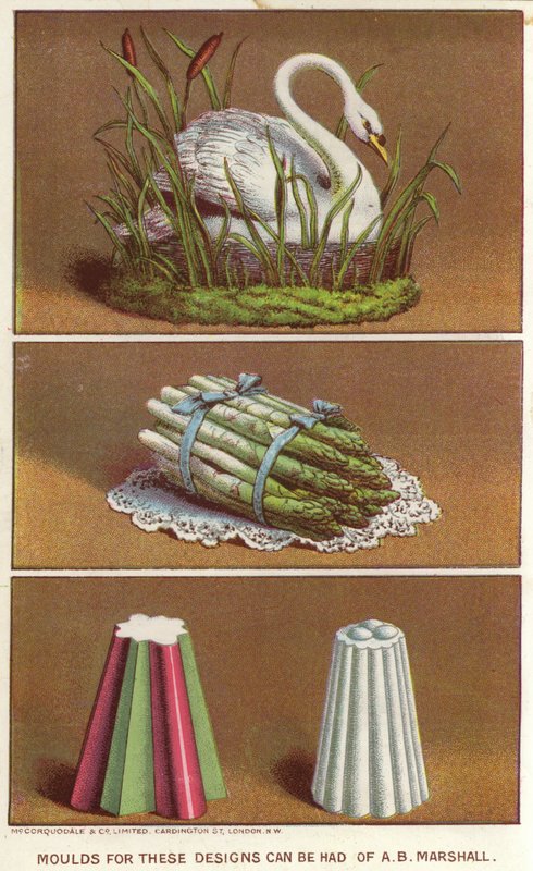 Formy ozdobne do tworzenia mrożonych potraw w kształcie łabędzia i wiązki szparagów (chromolitho) autorstwa English School